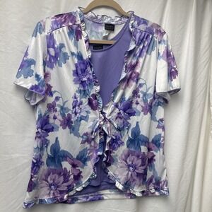 Salon Studio Womens 2 Piece Tank Top Tie Front blouse - Purple Floral Large Y2K